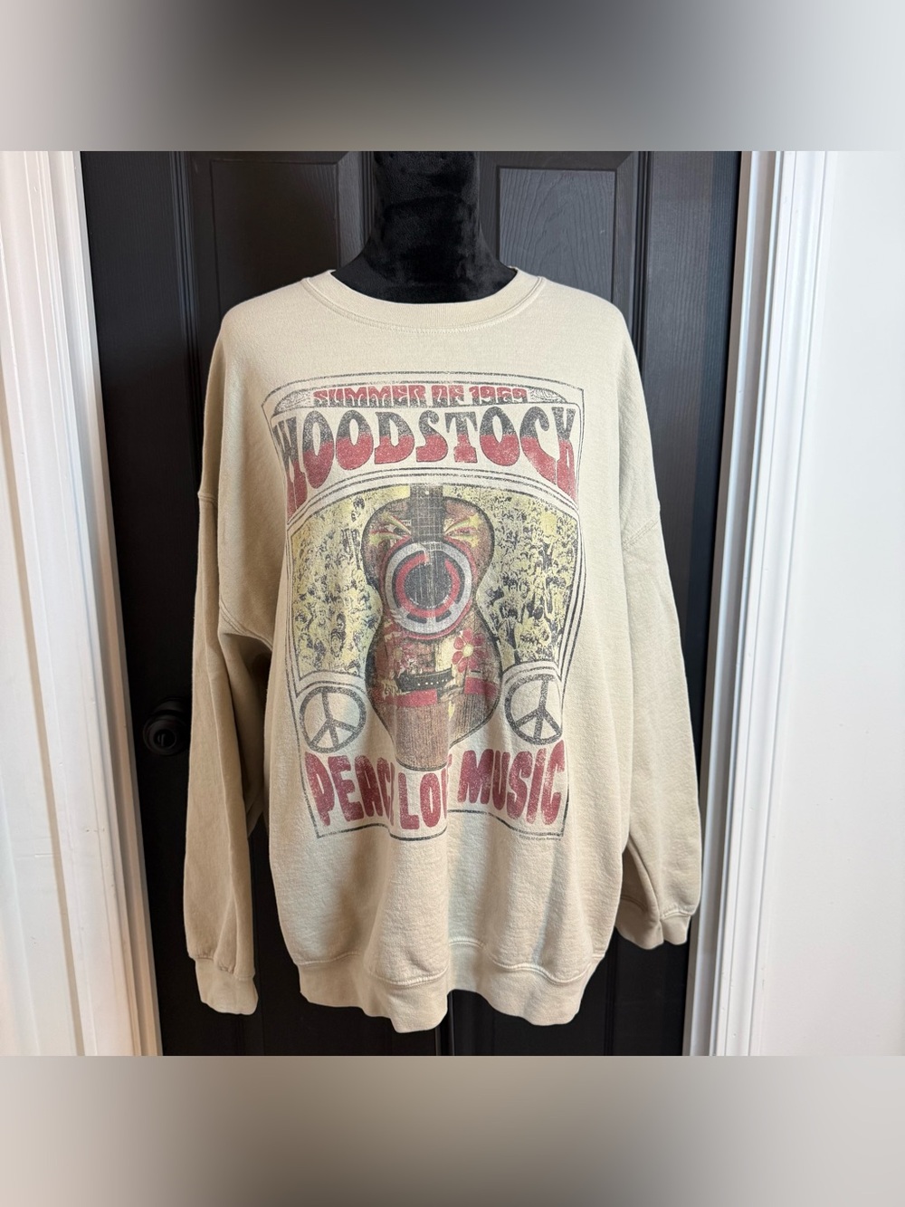 Beige Woodstock Graphic Crewneck Sweatshirt